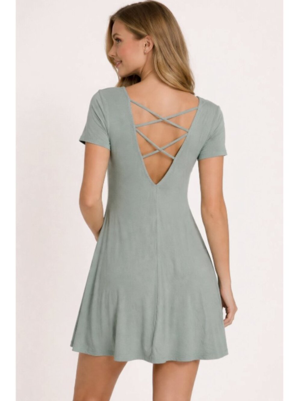 Jersey Dress Forever 21 Criss Cross Back Short Sleeve Sage Green Womens Small